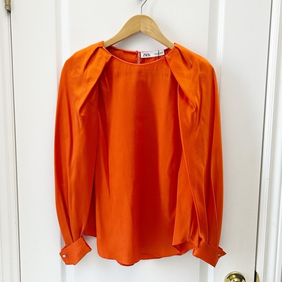 Zara Women's Orange Puff Sleeve Blouse Diamanté Button Satin Top Size Small NWT - Picture 7 of 16